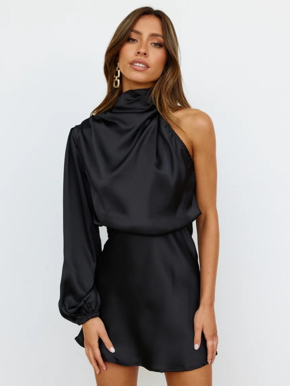 Nwot Hello Molly Meet Tonight Black Satin One Shoulder Mini Dress Us Size 8